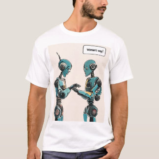 Zwei Roboter, die sich gegenüberstehen, einer schr T-Shirt