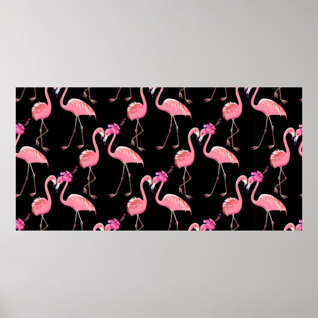 Zwei rosa Flamingos auf schwarzem Hintergrund. nah Poster (Vorne)