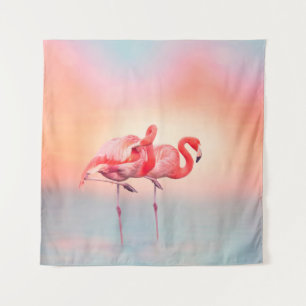 Zwei rosa Flamingos im Wasser bei SonnenuntergangF Wandteppich