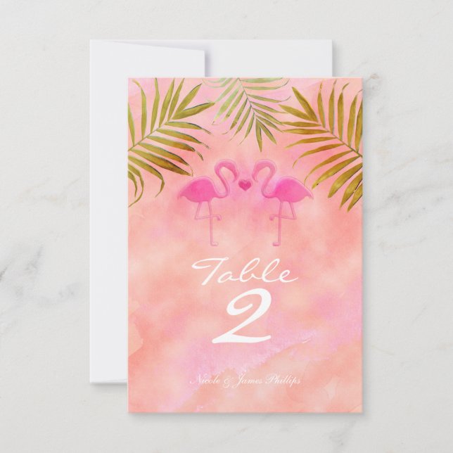 Zwei rosa Flamingos Watercolor Tischnummer Card (Vorderseite)