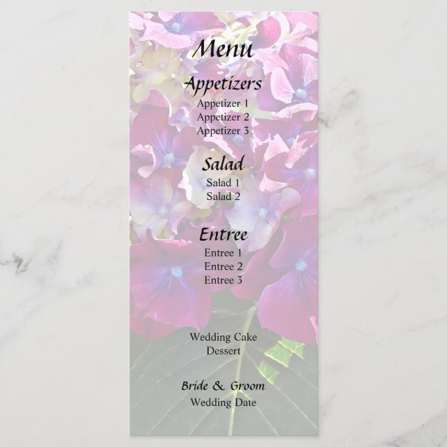 Zwei rosa Hydrangea Menükarte (Vorderseite)
