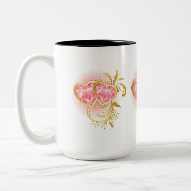 Zwei rosa Jeweled Hearts Zweifarbige Tasse (Links)