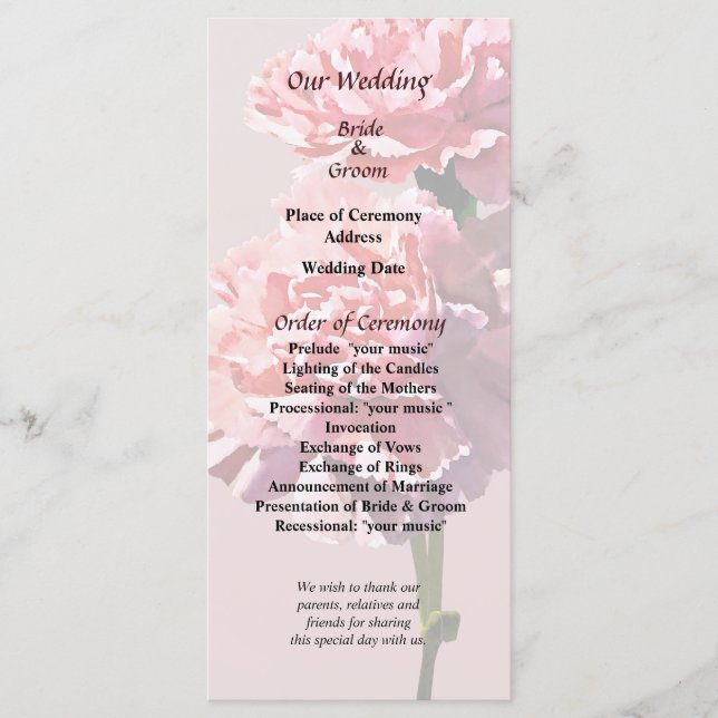 Zwei rosa Nelken Hochzeitsprogramm Programm (Vorderseite)