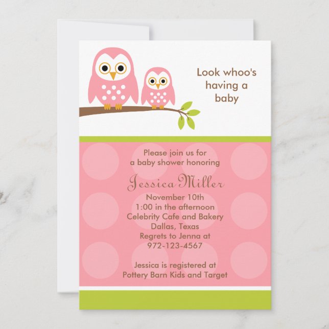 Zwei Rosa Owls Kinderdusche Einladungen (Vorderseite)