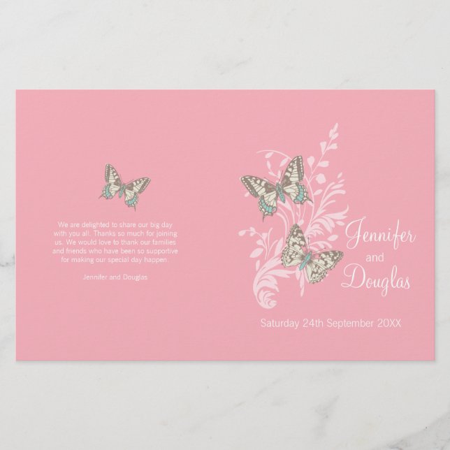Zwei rosa-schmetterlinge Hochzeitsprogramme (Vorderseite)