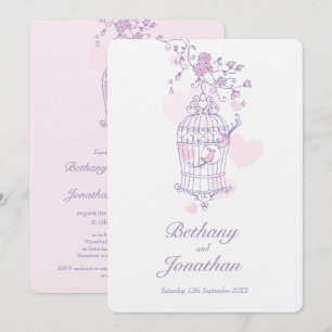 Zwei rosa Vögel öffnen Birdcage Herzen Hochzeit Einladung