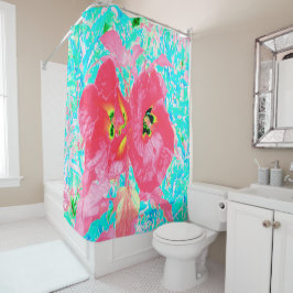 Zwei Rosy Red Coral Pum Crazy Hibiskus auf Aqua Duschvorhang