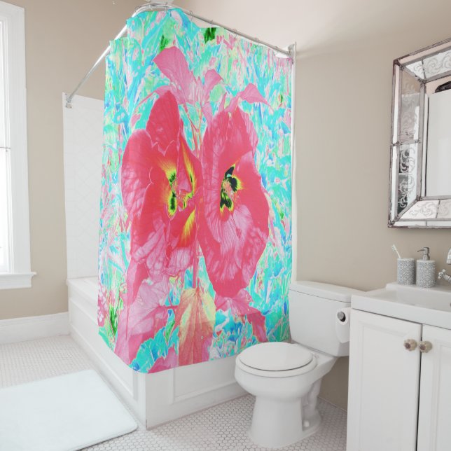 Zwei Rosy Red Coral Pum Crazy Hibiskus auf Aqua Duschvorhang (Beispiel)