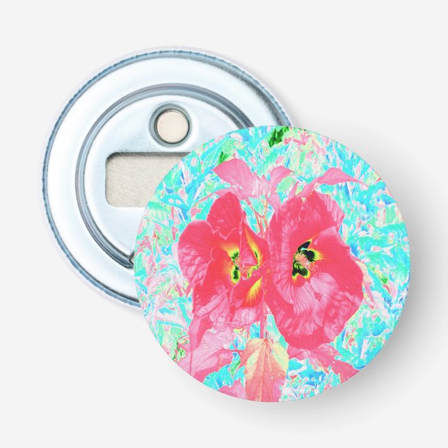 Zwei Rosy Red Coral Pum Crazy Hibiskus auf Aqua Flaschenöffner (Vorderseite)