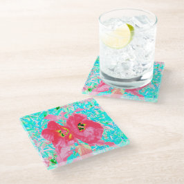 Zwei Rosy Red Coral Pum Crazy Hibiskus auf Aqua Glasuntersetzer