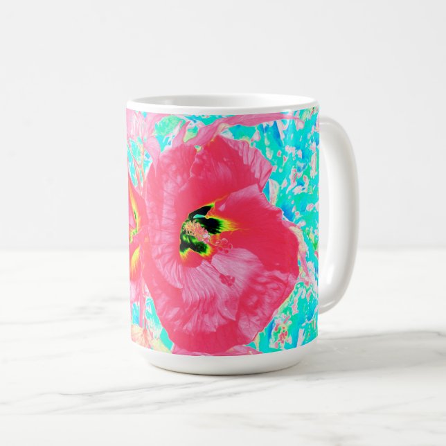 Zwei Rosy Red Coral Pum Crazy Hibiskus auf Aqua Kaffeetasse (VorderseiteRechts)