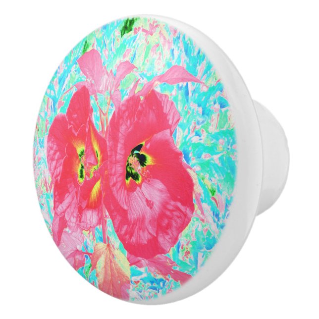 Zwei Rosy Red Coral Pum Crazy Hibiskus auf Aqua Keramikknauf (Rechts)