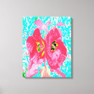 Zwei Rosy Red Coral Pum Crazy Hibiskus auf Aqua Leinwanddruck