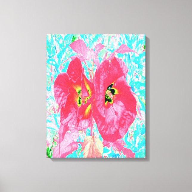 Zwei Rosy Red Coral Pum Crazy Hibiskus auf Aqua Leinwanddruck (Vorderseite)