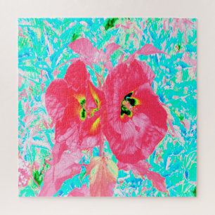 Zwei Rosy Red Coral Pum Crazy Hibiskus auf Aqua Puzzle