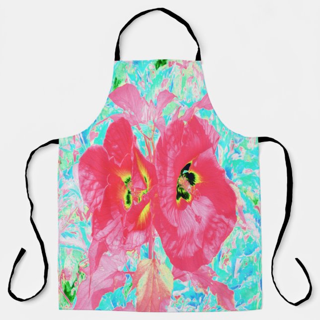 Zwei Rosy Red Coral Pum Crazy Hibiskus auf Aqua Schürze (Vorderseite)