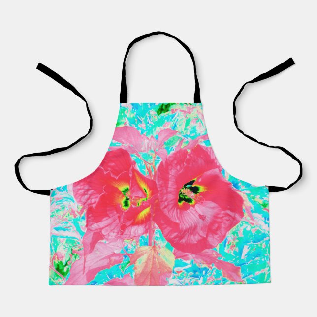 Zwei Rosy Red Coral Pum Crazy Hibiskus auf Aqua Schürze (Vorderseite)