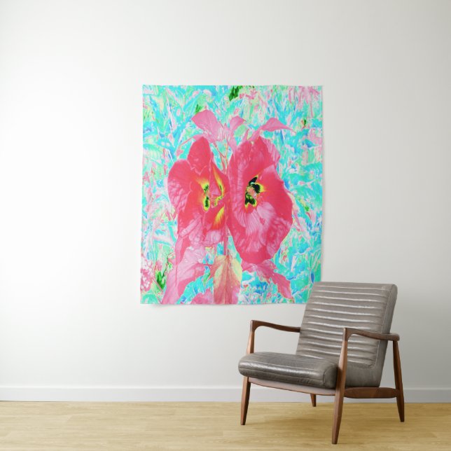 Zwei Rosy Red Coral Pum Crazy Hibiskus auf Aqua Wandteppich (Beispiel)