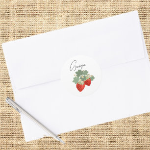 Zwei rote Erdbeeren mit Blättern & Blumen Obst Runder Aufkleber