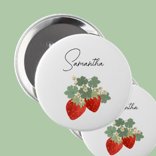 Zwei rote Erdbeeren mit Blättern & Blüten Obst Button