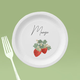 Zwei rote Erdbeeren mit Blättern & Blüten   Obst Pappteller