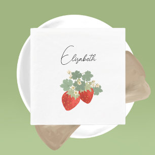 Zwei rote Erdbeeren mit Blättern & Blüten   Obst Serviette