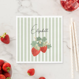 Zwei rote Erdbeeren Streifen & Blumen | Obst Serviette
