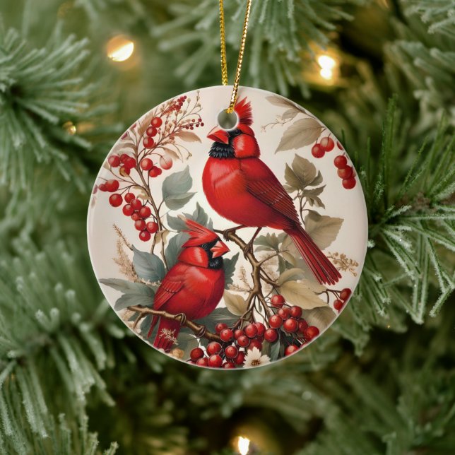 Zwei Rote Kardinal - Vögel und Beeren Keramik Ornament (Baum)