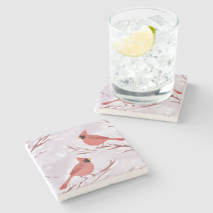 Zwei rote Kardinale   Aquarellmalerei Steinuntersetzer