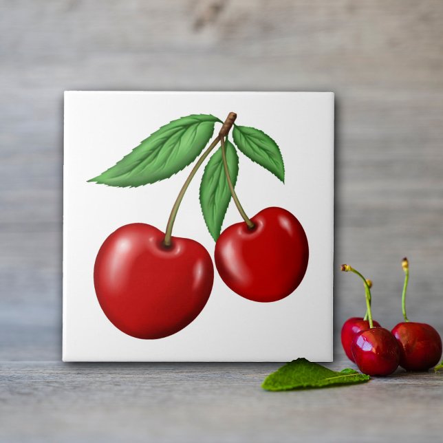 Zwei rote Kirschen Obst Fliese (Cherry ceramic tile, in 2 sizes great for kitchen walls! Or order with optional frame for decoration)