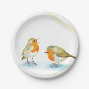 Zwei rote Robins im Winter Pappteller
