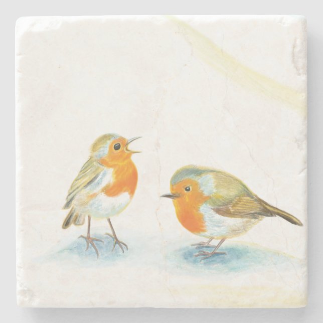 Zwei rote Robins im Winter Steinuntersetzer (Vorderseite)