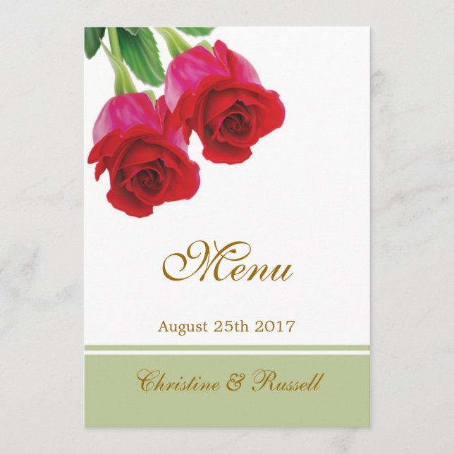 Zwei Rote Rosen, die Menü-Einladung Wedding sind Menükarte (Vorderseite)