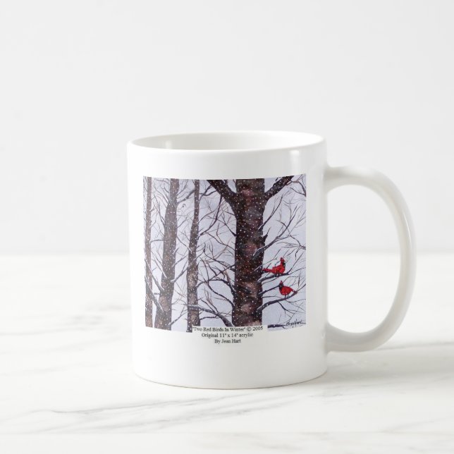 Zwei rote Vögel im Winter Kaffeetasse (Rechts)