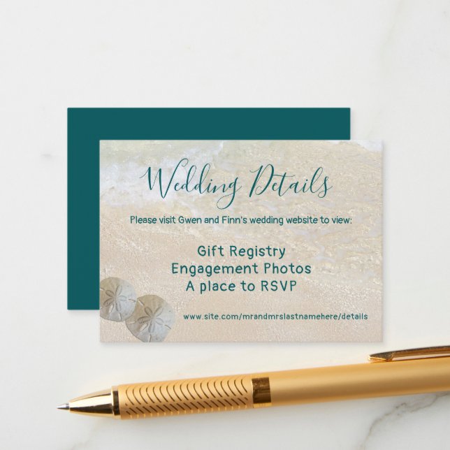 Zwei SandDollars Strand Hochzeitsdetails 100 Karte (Vorderseite/Rückseite Beispiel)