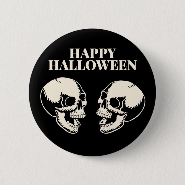 Zwei Schädel lachen Frohes Halloween Button (Vorderseite)