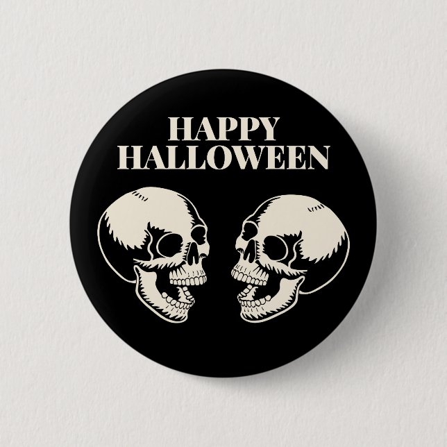 Zwei Schädel lachen Frohes Halloween Button (Vorderseite)