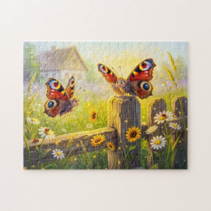 Zwei Schmetterlinge auf dem Gartenzaun im Sommer Puzzle