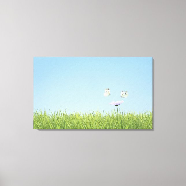 Zwei Schmetterlinge schwärmen über der Blume Leinwanddruck (Vorderseite)