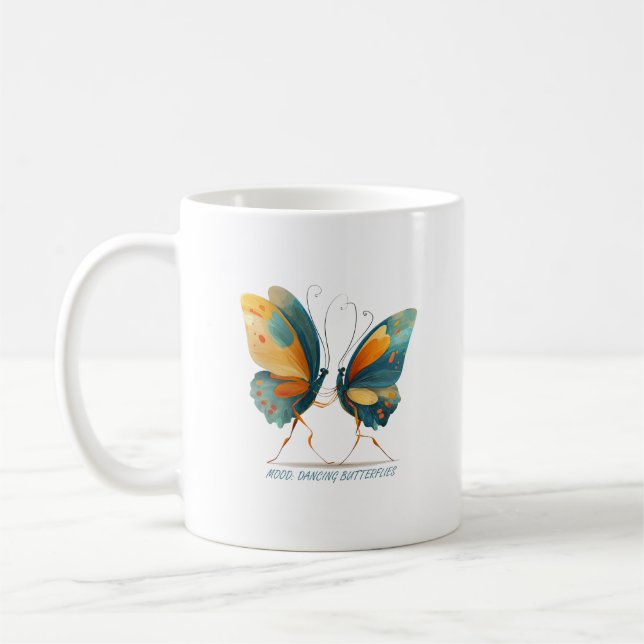 Zwei Schmetterlinge tanzen, farbige Flügel.   Kaffeetasse (Links)