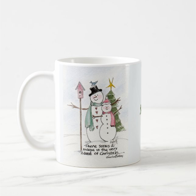 Zwei Schneemenschen Watercolor Magic Winterszene Kaffeetasse (Links)