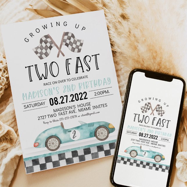 Zwei schnelle 2. Geburtstag wachsen Einladung (Blue race car “Growing Up Two Fast” 2nd birthday party invitation with checkered flag design, perfec)