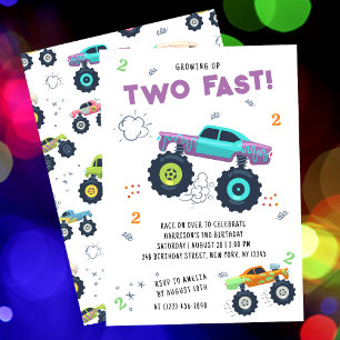 Zwei schnelle 2. Geburtstagsfarbige Monstertrucks Einladung