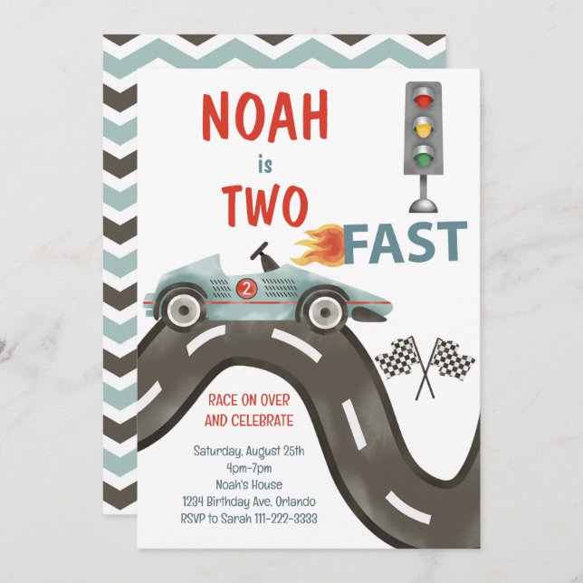 Zwei schnelle 2. Geburtstagsrennen Einladung (Vorne/Hinten)