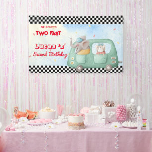 Zwei schnelle Elephant Race Car 2. HBD Party Banner