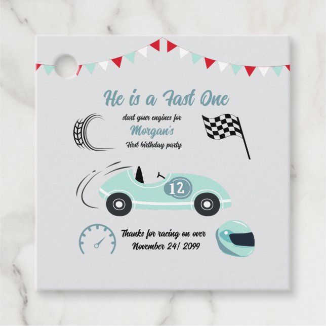 Zwei schnelle festliche blaue Rennwagen zum Geburt Geschenkanhänger (Vorderseite)