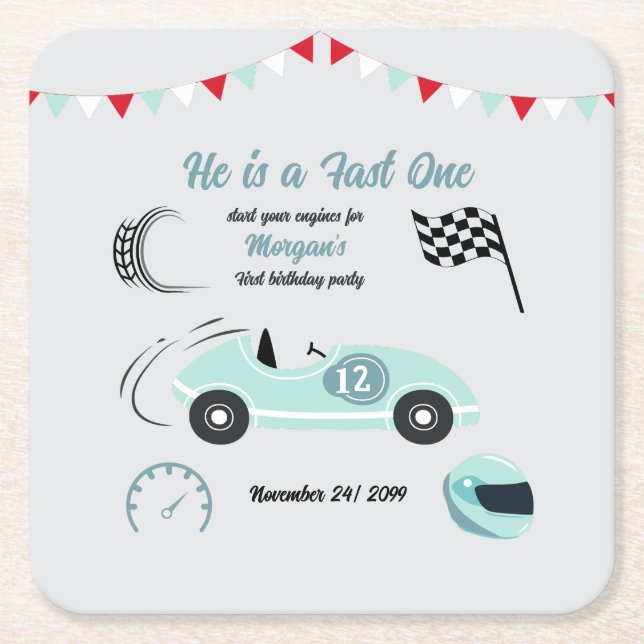 Zwei schnelle festliche blaue Rennwagen zum Geburt Rechteckiger Pappuntersetzer (Vorderseite)