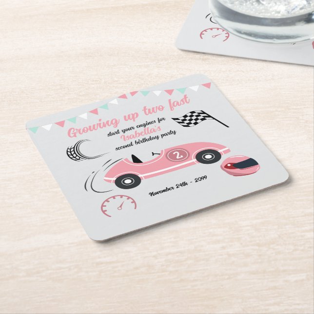 Zwei schnelle festliche rosa Rennwagen zum Geburts Rechteckiger Pappuntersetzer (angewinkelt)