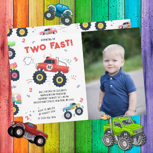 Zwei schnelle Monster-Truck 2. Geburtstagsfoto Einladung