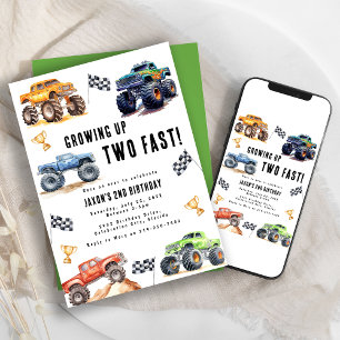Zwei schnelle Monster Trucks 2. Geburtstag Party Einladung